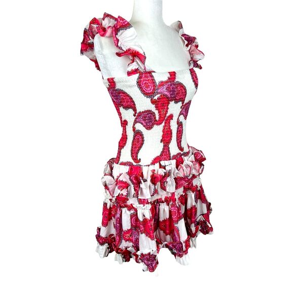 Taroo Dress Women Medium White Red Ruffled Smocked Fit Flare Mini Casual Party - Picture 4 of 12